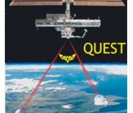 1. Distribution of pairs of entangled photons using the International Space Station (ISS). Entangled photon pairs are distributed to two separated places on Earth.